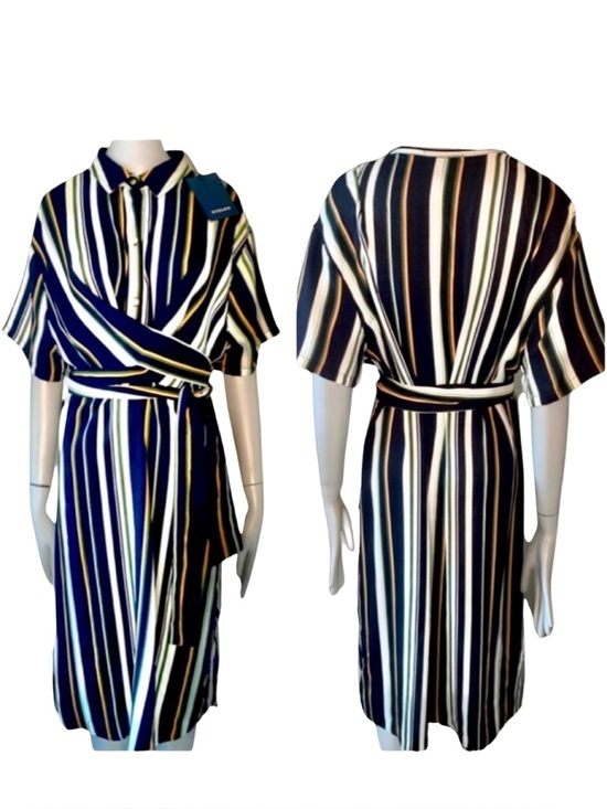 Stelen Dresses & Skirts - NWT STELAN Striped Faux Wrap Front Midi Dress Blue Short Sleeves Career Work MED